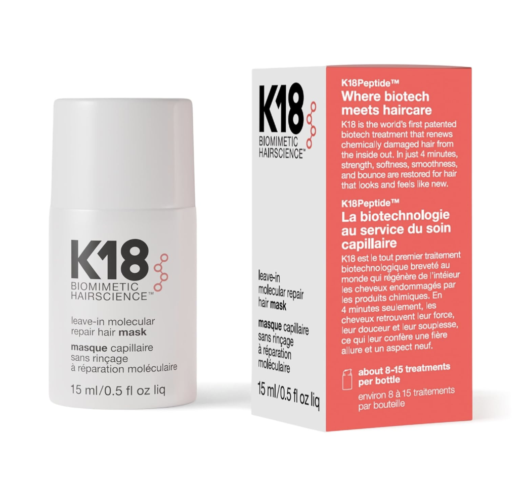 K18 Leave-In Molecular Repair Hair Mask pump bottle for damaged hair.