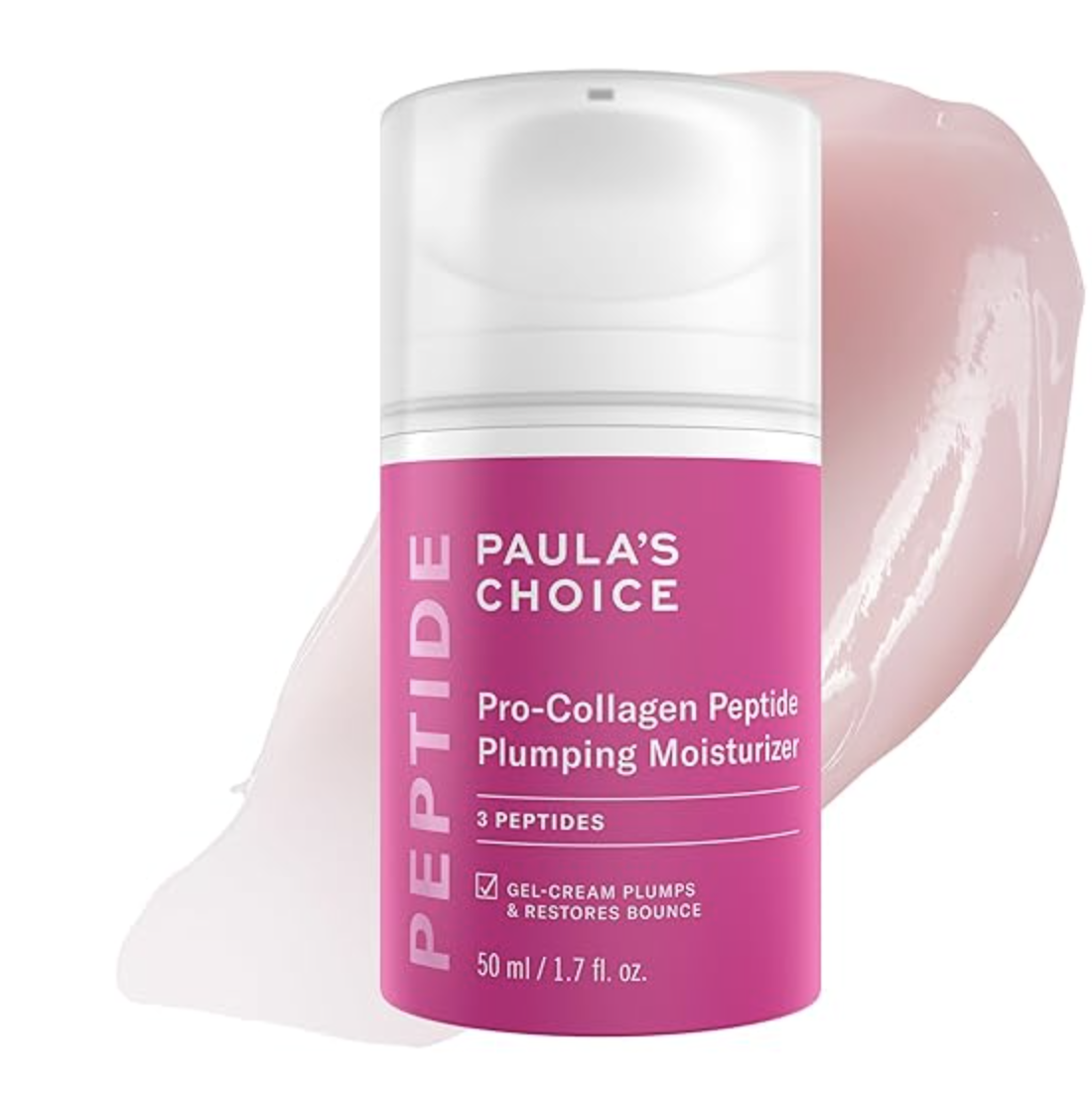 A pink and white pump bottle of Paula's Choice Pro-Collagen Peptide Plumping Moisturizer shown with a smooth swipe of the pink cream product.