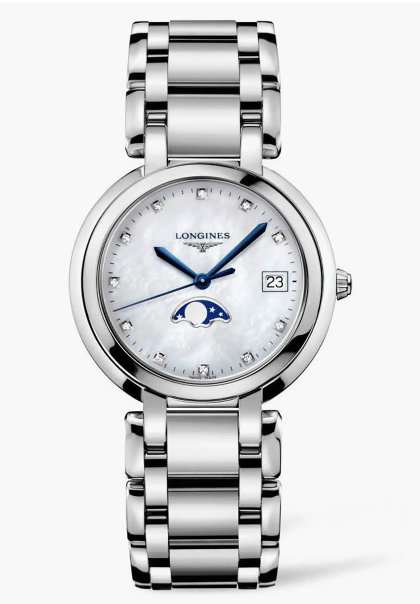A Longines PrimaLuna women's watch featuring a round stainless steel case, a silver dial with Roman numeral markers, and a matching multi-link stainless steel bracelet.