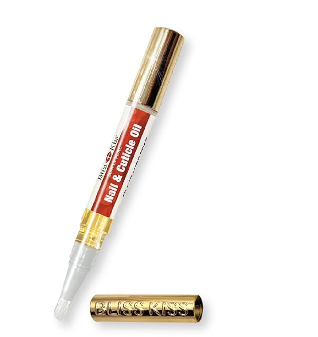 A Bliss Kiss Simply Pure Cuticle Oil pen with a brush tip and a gold cap, shown on a transparent background.