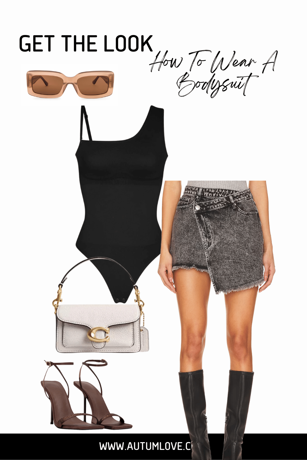 Styling a black one-shoulder bodysuit with an asymmetrical denim mini skirt and tall black boots to divert attention upwards and flatter a big belly.