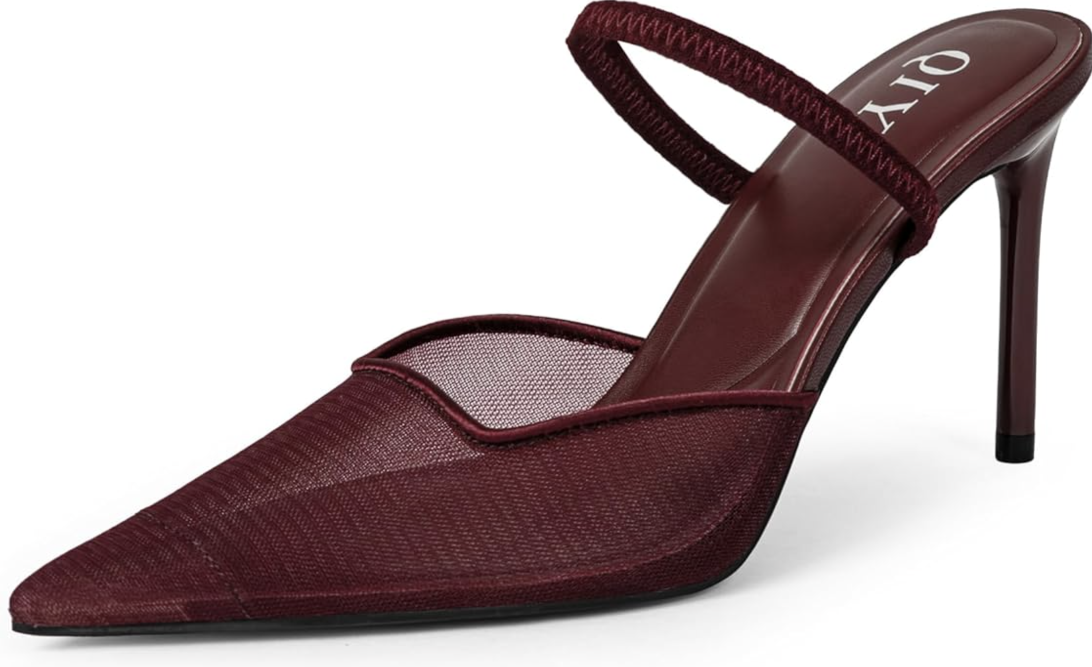 A close-up of a chic burgundy mesh slingback heel with a sharp pointed toe and a thin stiletto heel.