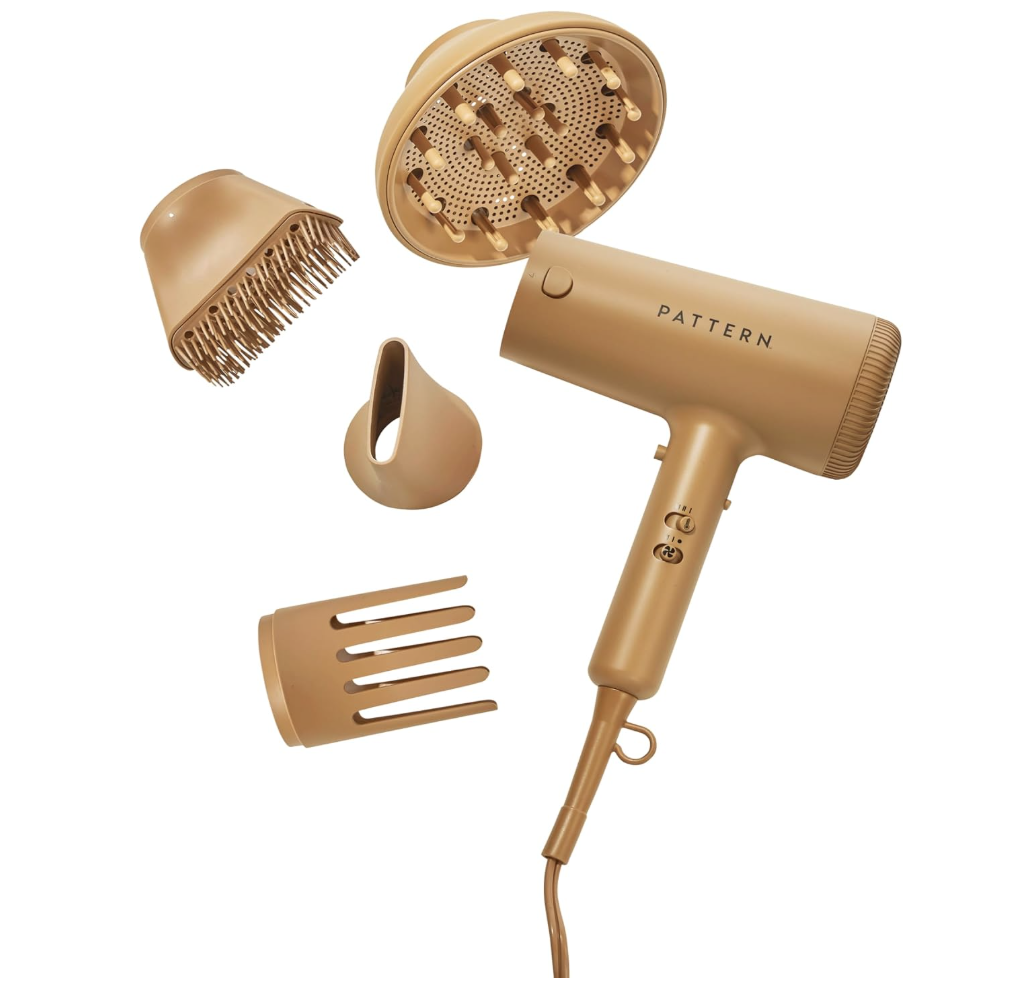 PATTERN blow dryer with diffuser, brush and wide-tooth comb attachments for curly and coily hair.