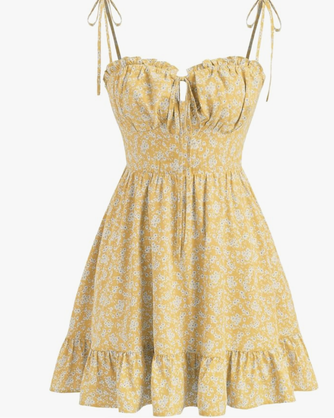 Front view of a vibrant yellow mini sundress featuring a delicate white floral print, a ruched sweetheart bustline with a tie detail, and short tie-strap shoulders.