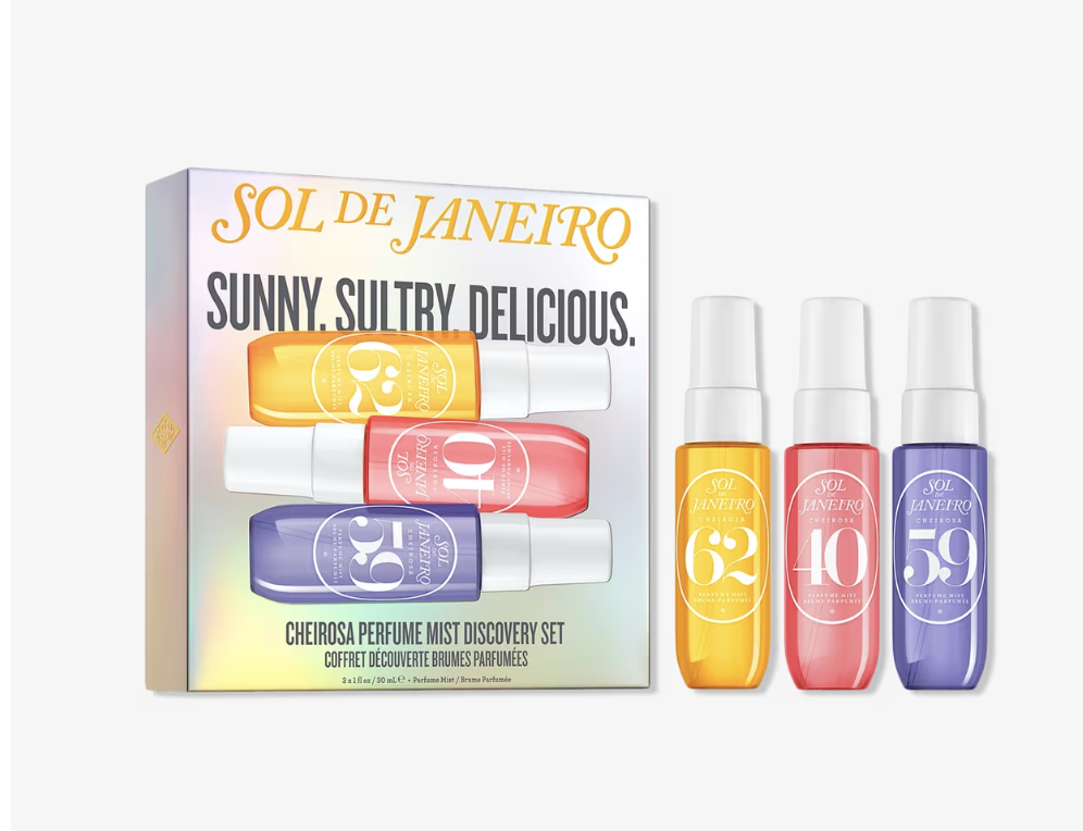 Sol de Janeiro Cheirosa Perfume Mist Discovery Set featuring three 1 oz travel-sized fragrance mists in a colorful sunset-themed box.