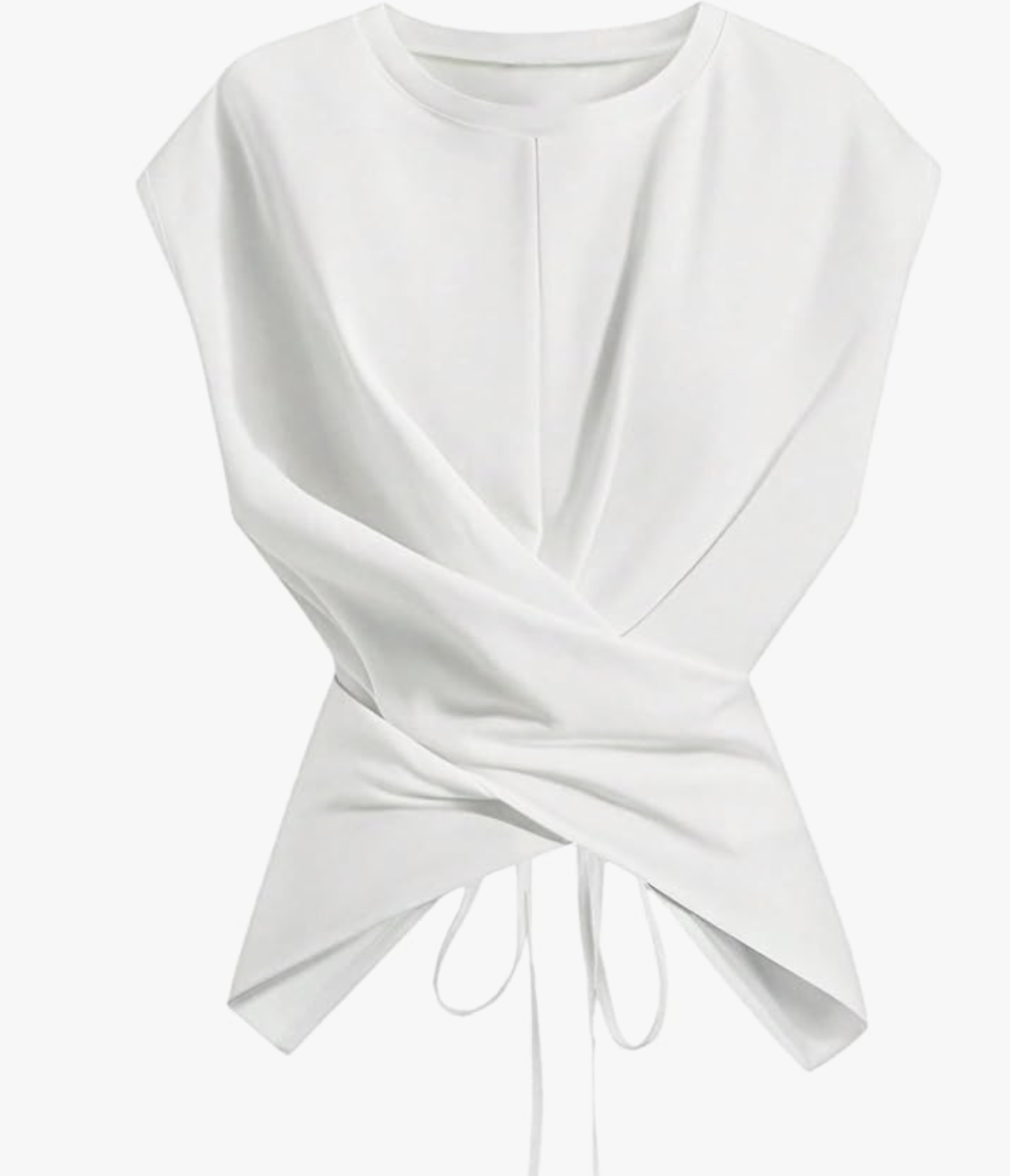 A white short-sleeve wrap top featuring a cinched waist with a thin tie detail and an asymmetrical hem.