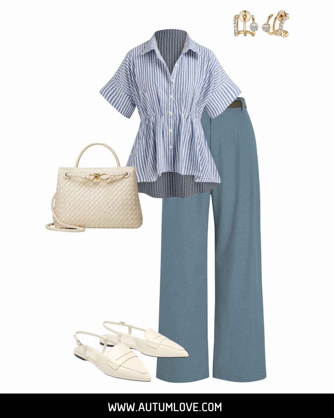 A flat-lay outfit featuring a blue and white striped peplum blouse with a cinched waist, grey-blue trousers, a white woven bag, and pointed-toe flats to illustrate an hourglass shape that hides belly fat.