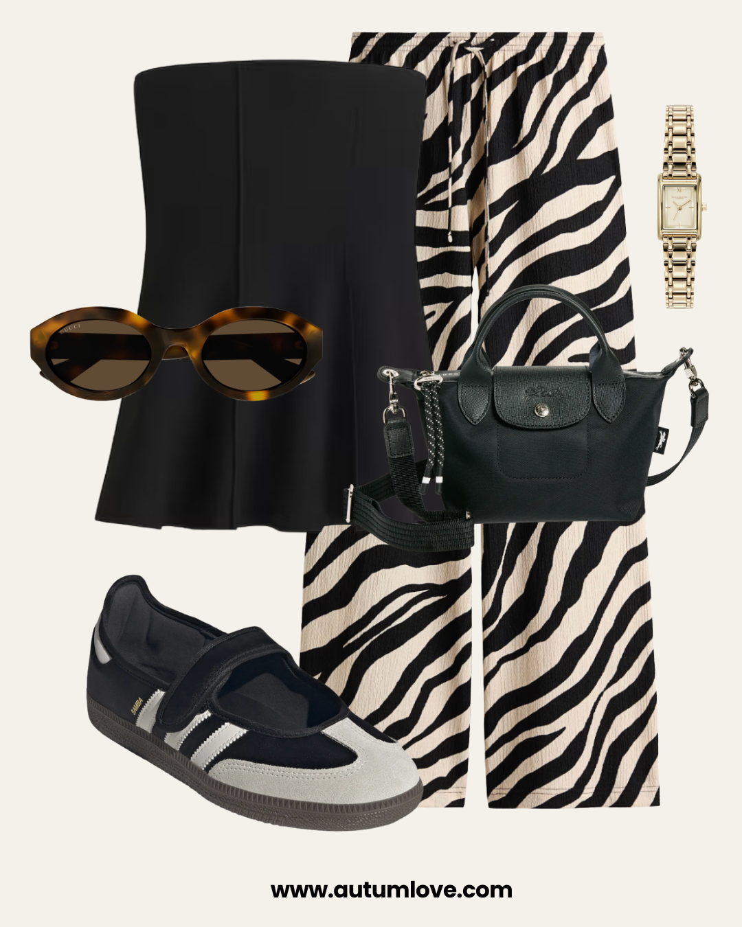 A fashion flat lay for a polished brunch outfit featuring black sneakerinas with white stripes, a black A-line mini skirt, zebra-print trousers, tortoiseshell sunglasses, and a small black leather handbag.