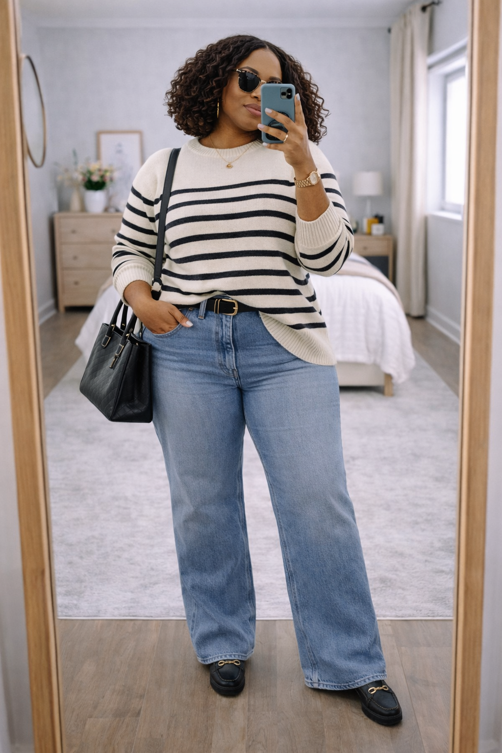A woman wearing a black and white striped sweater with a French tuck into high-waisted blue jeans, accessorized with a black leather belt and handbag.