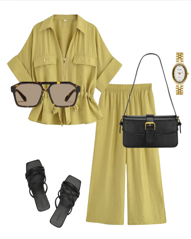 A chartreuse green linen matching set featuring a short-sleeve button-up shirt and wide-leg trousers.