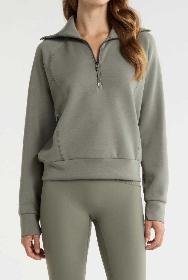 SPANX navy AirEssentials half-zip sweatshirt for casual fall outfits