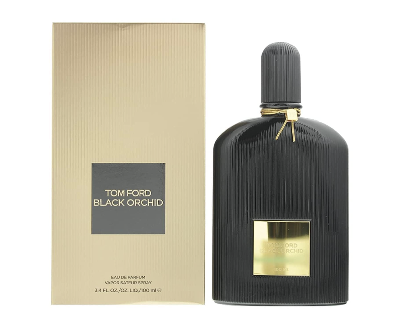 A 3.4-ounce gold-toned box and a sleek, vertically ribbed black bottle of Tom Ford Black Orchid Eau de Parfum with a gold nameplate and gold cord around the neck.