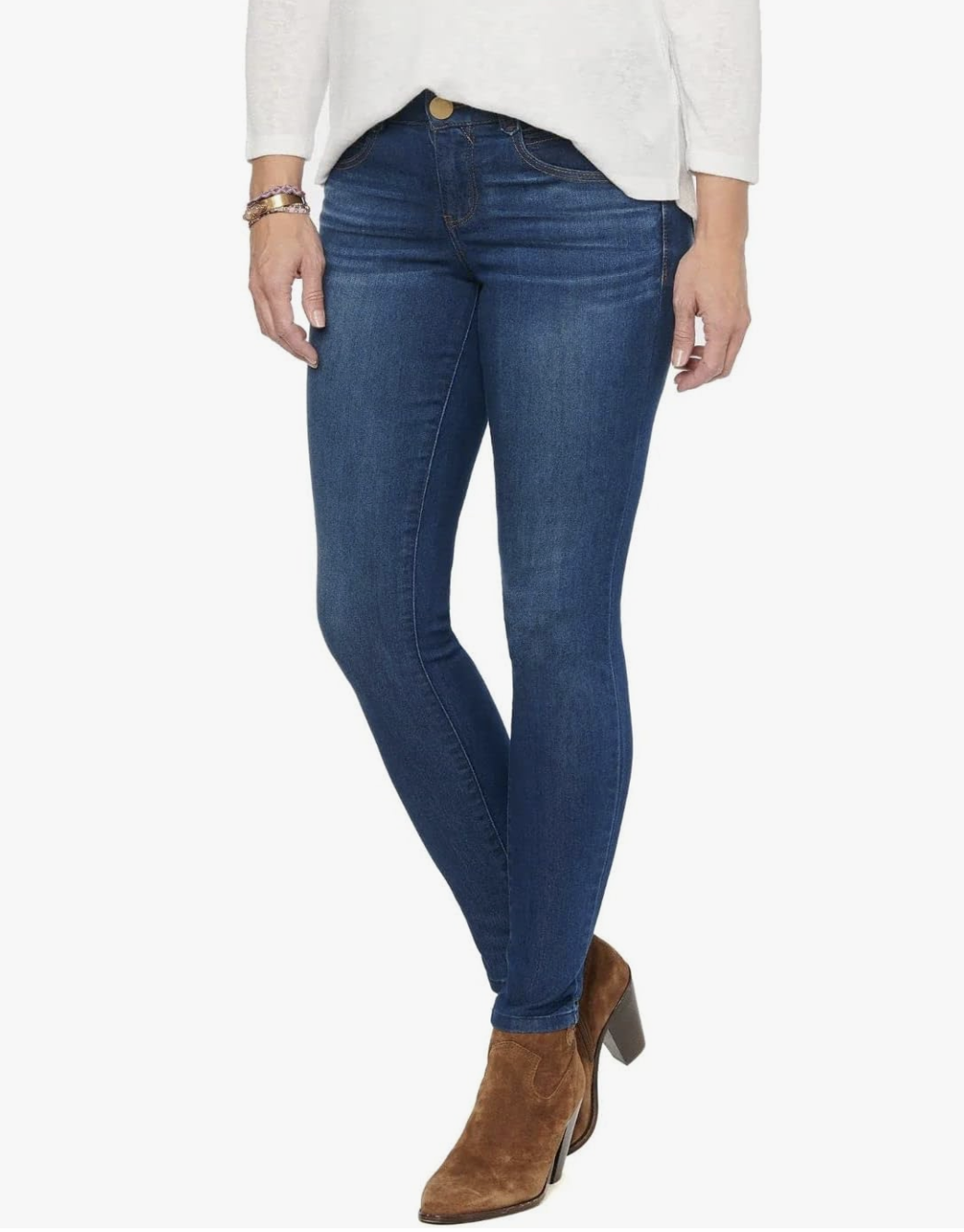 A professional stylist's top-recommended Democracy Ab Solution jeggings on Amazon, featuring a flattering mid-blue wash and tummy-smoothing waistband technology.