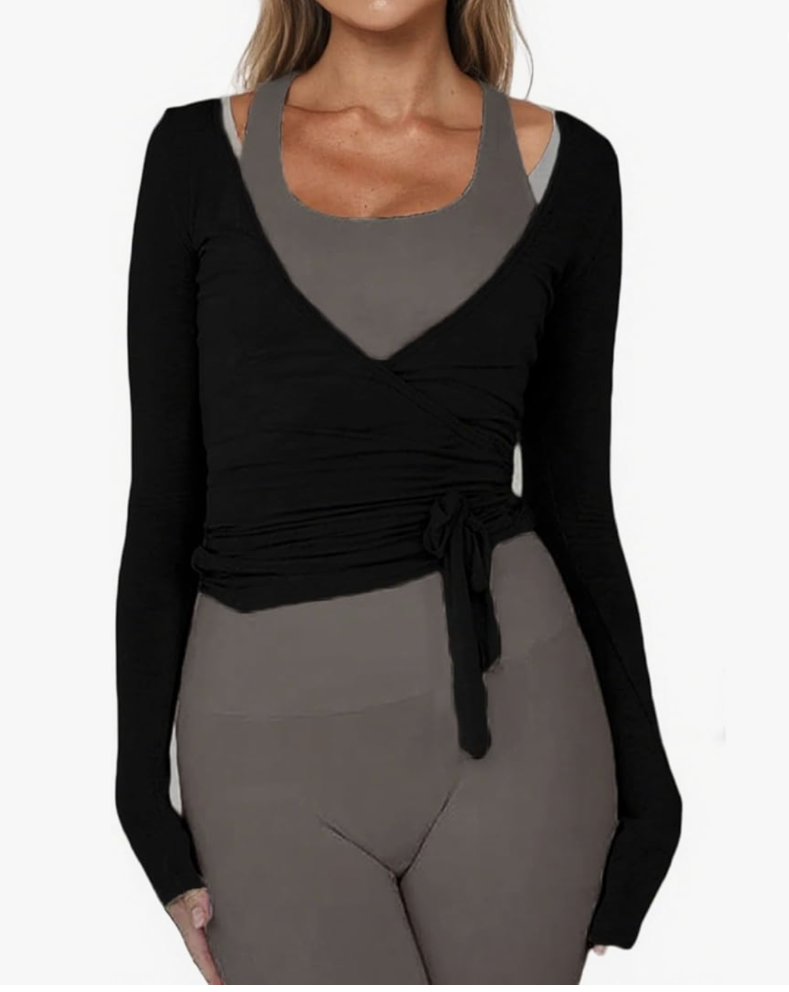 Classic cropped ballet wrap top designed for layering over tanks and dresses.