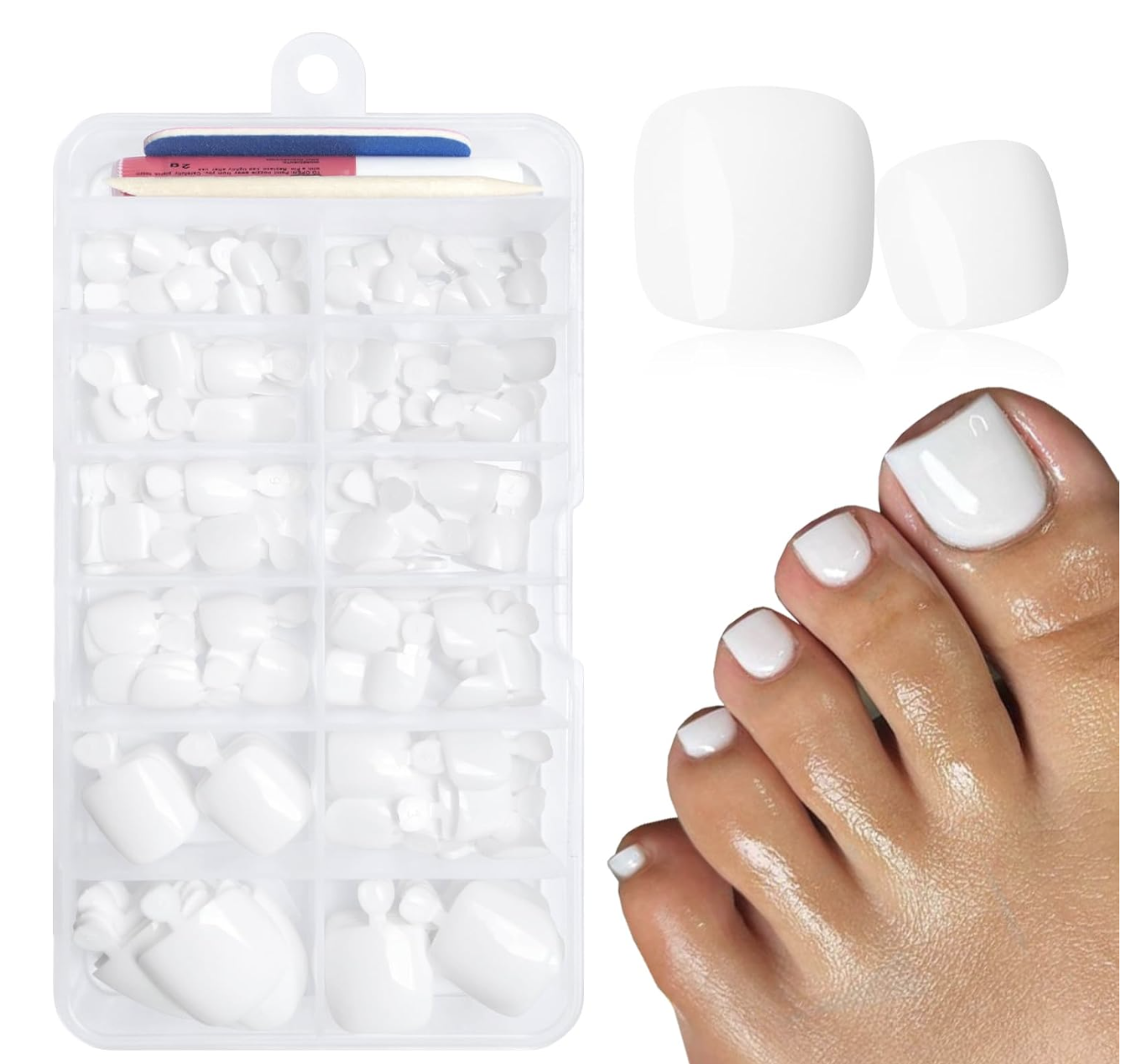 Case of LuckForever glossy white press-on toenails with a nail file, shown applied on bare toes.