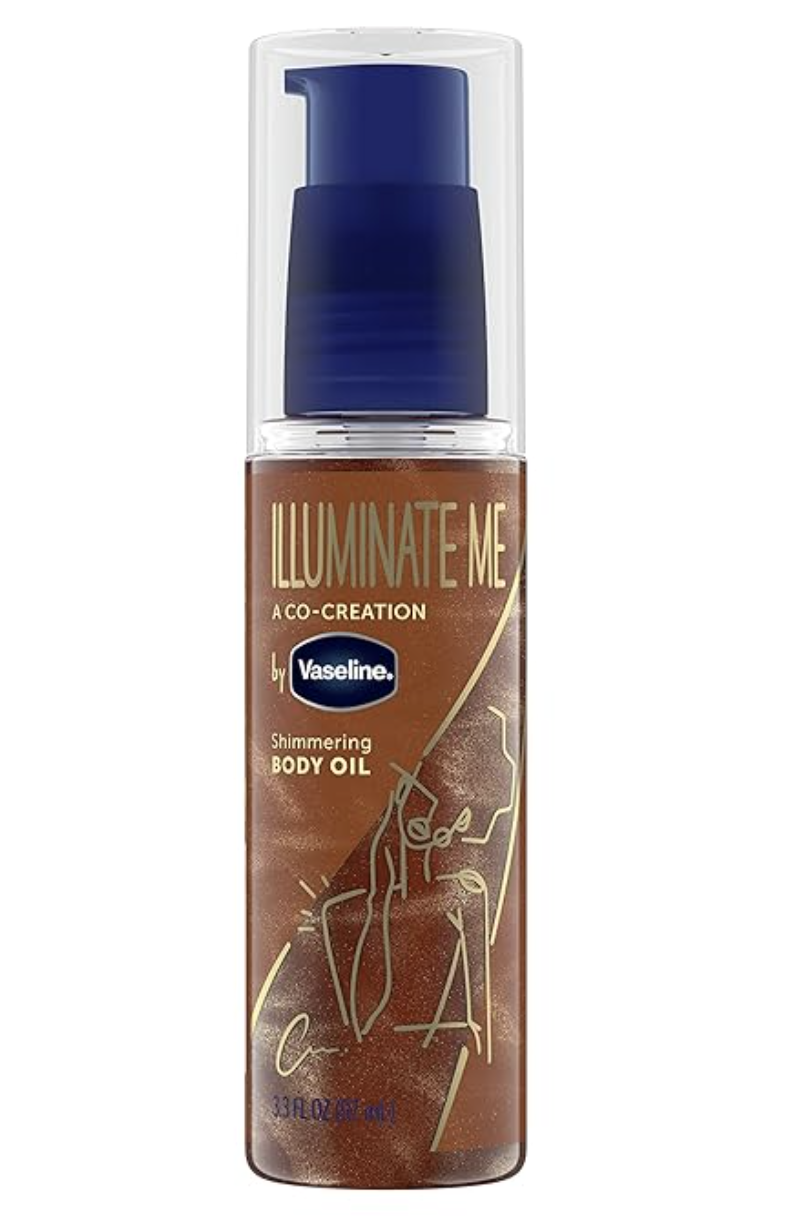 A bottle of Vaseline Illuminate Me Shimmering Body Oil for melanin-rich skin.