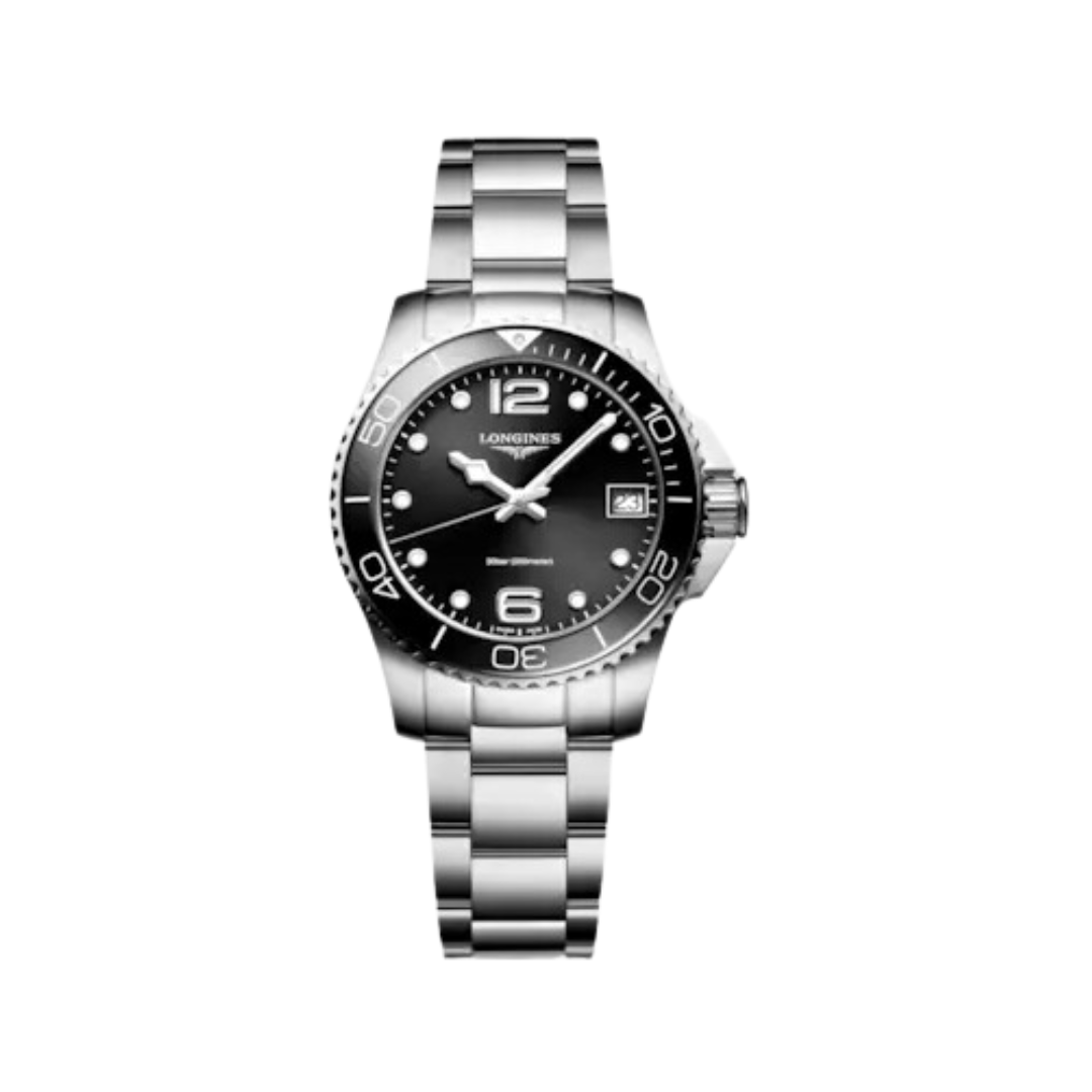 A Longines Legend Diver 42mm automatic watch featuring a black lacquered dial with an internal rotating diving bezel and a vintage-inspired stainless steel mesh bracelet.