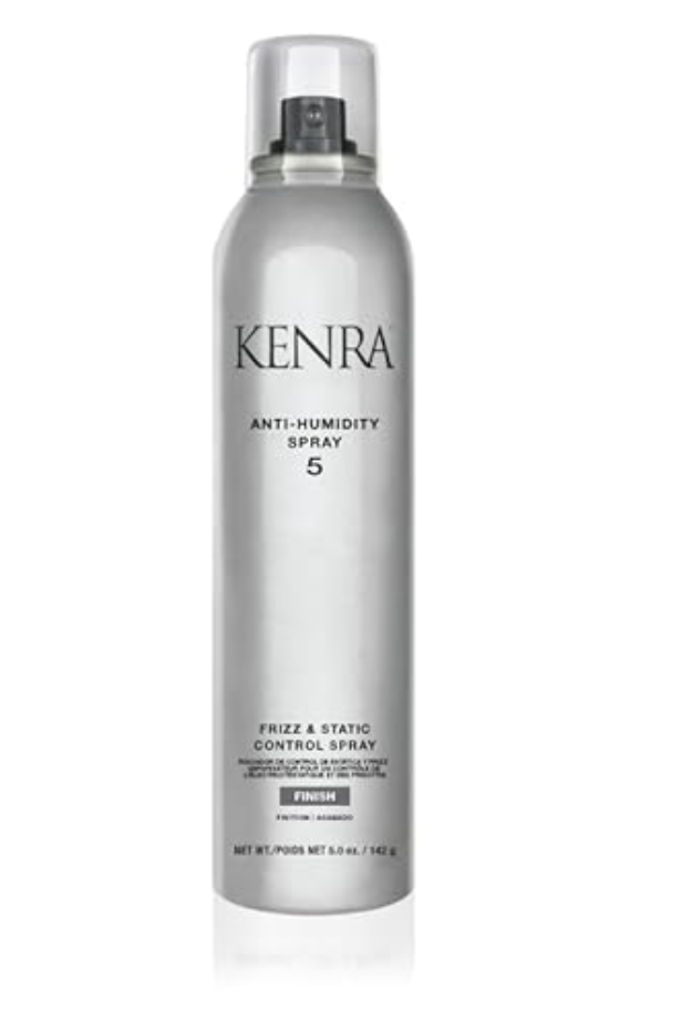 A silver aerosol can of Kenra Professional Anti-Humidity Spray 5 Frizz and Static Control Spray, shown against a clean background.