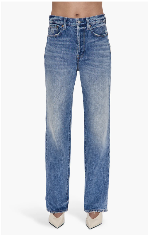 A product photo of the Pistola Cassie High Waist Straight Leg Jeans in a light blue wash, featuring a high-rise fit and a slim straight-leg silhouette.