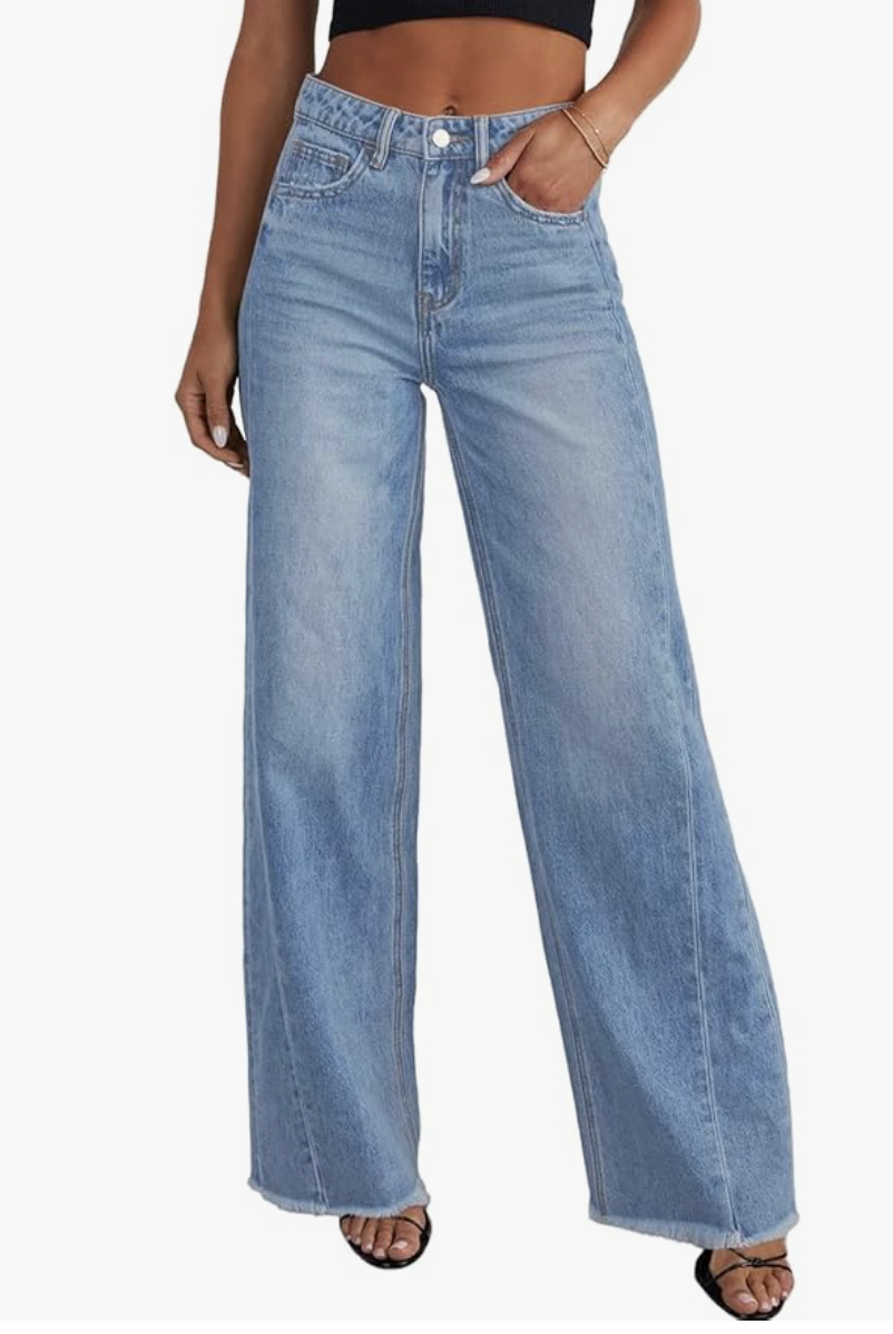 A pair of light blue high-waisted wide-leg jeans with a relaxed fit and a clean hem, shown from the waist down.