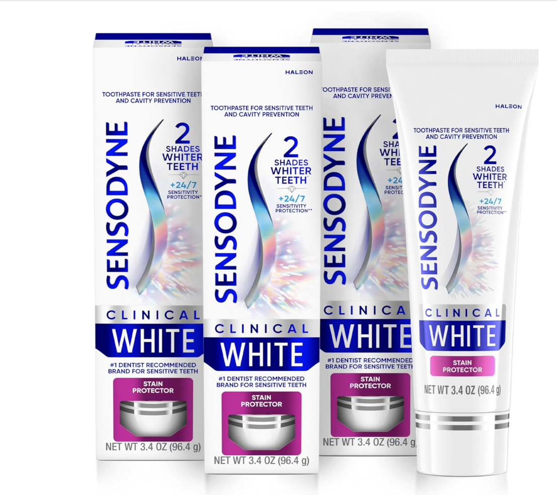 Box and tubes of Sensodyne Clinical White Stain Protector toothpaste, showing the "2 Shades Whiter Teeth" claim and clinical strength sensitivity relief.