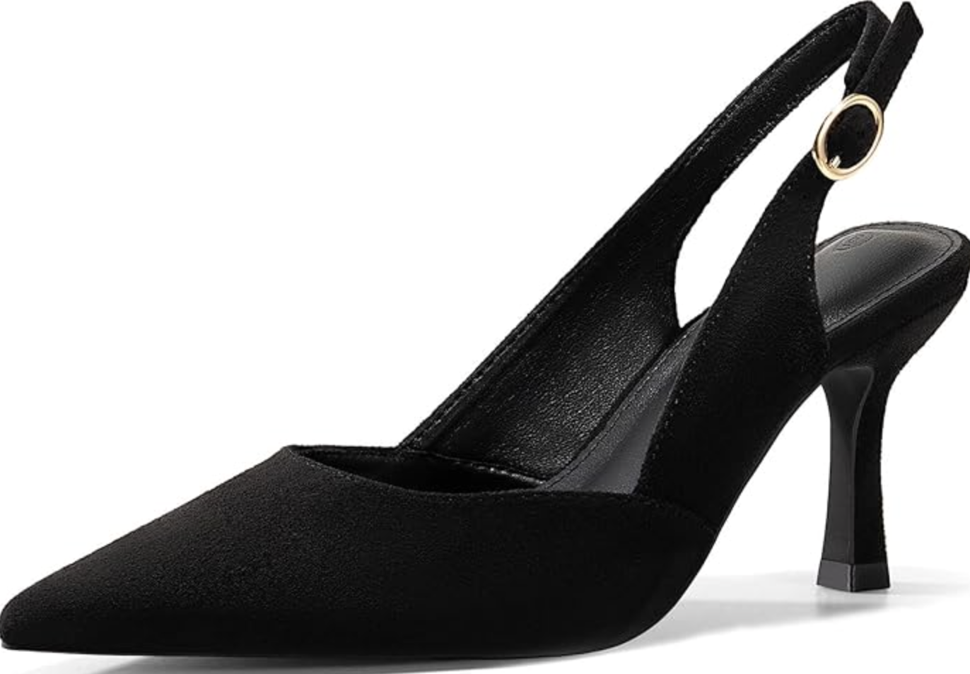 A pair of black pointed-toe slingback kitten heels with a slim heel and adjustable ankle strap.