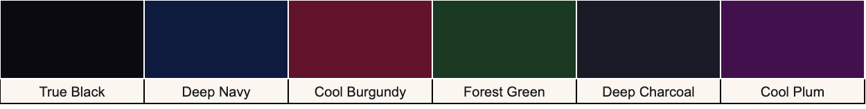 A color palette for the Deep Winter season featuring cool-neutral deep shades of true black, deep navy, cool burgundy, forest green, deep charcoal, and cool plum.