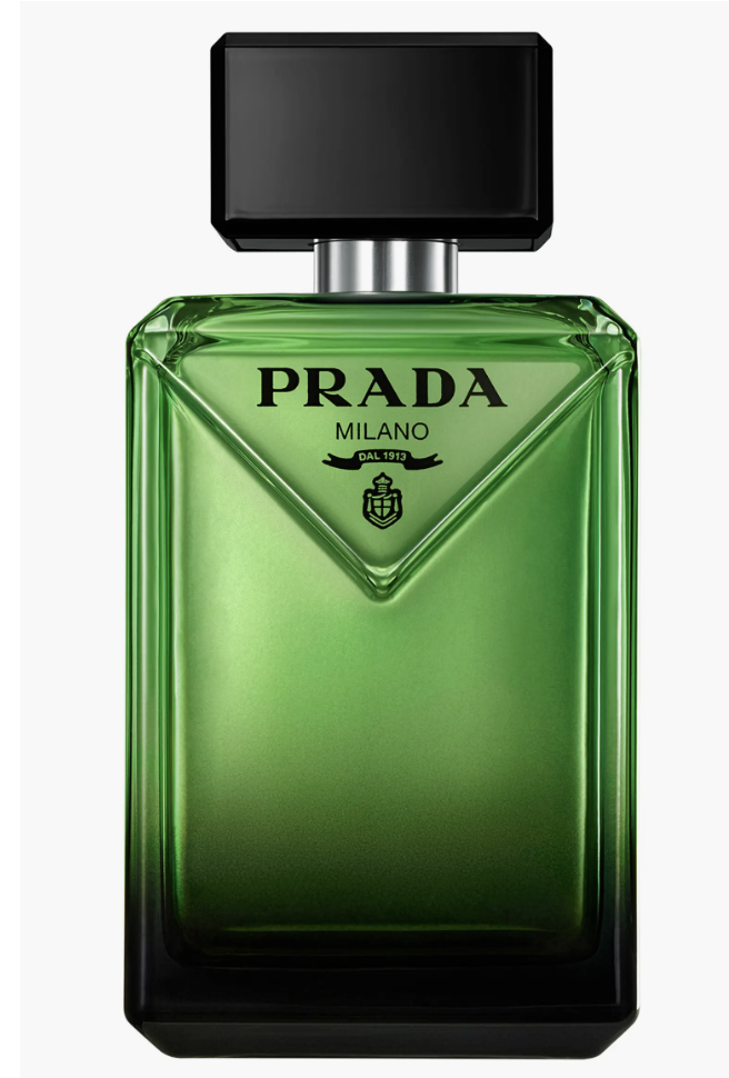 A close-up shot of a luxury bottle of Prada Paradigme Eau de Parfum for men, featuring its signature deep green glass bottle and black cap.