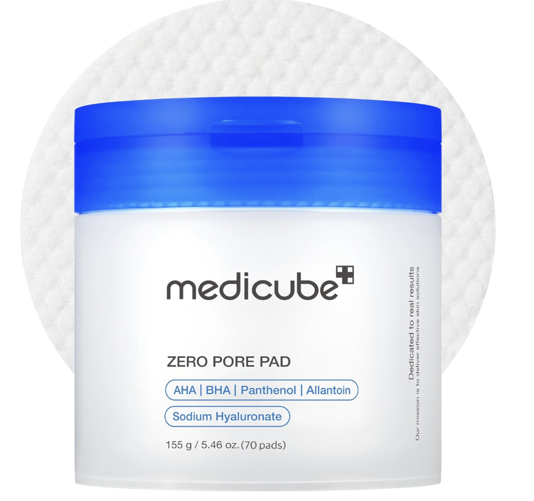 Tub of medicube Zero Pore Pad 2.0 exfoliating toner pads with a blue lid and a textured pad behind it.