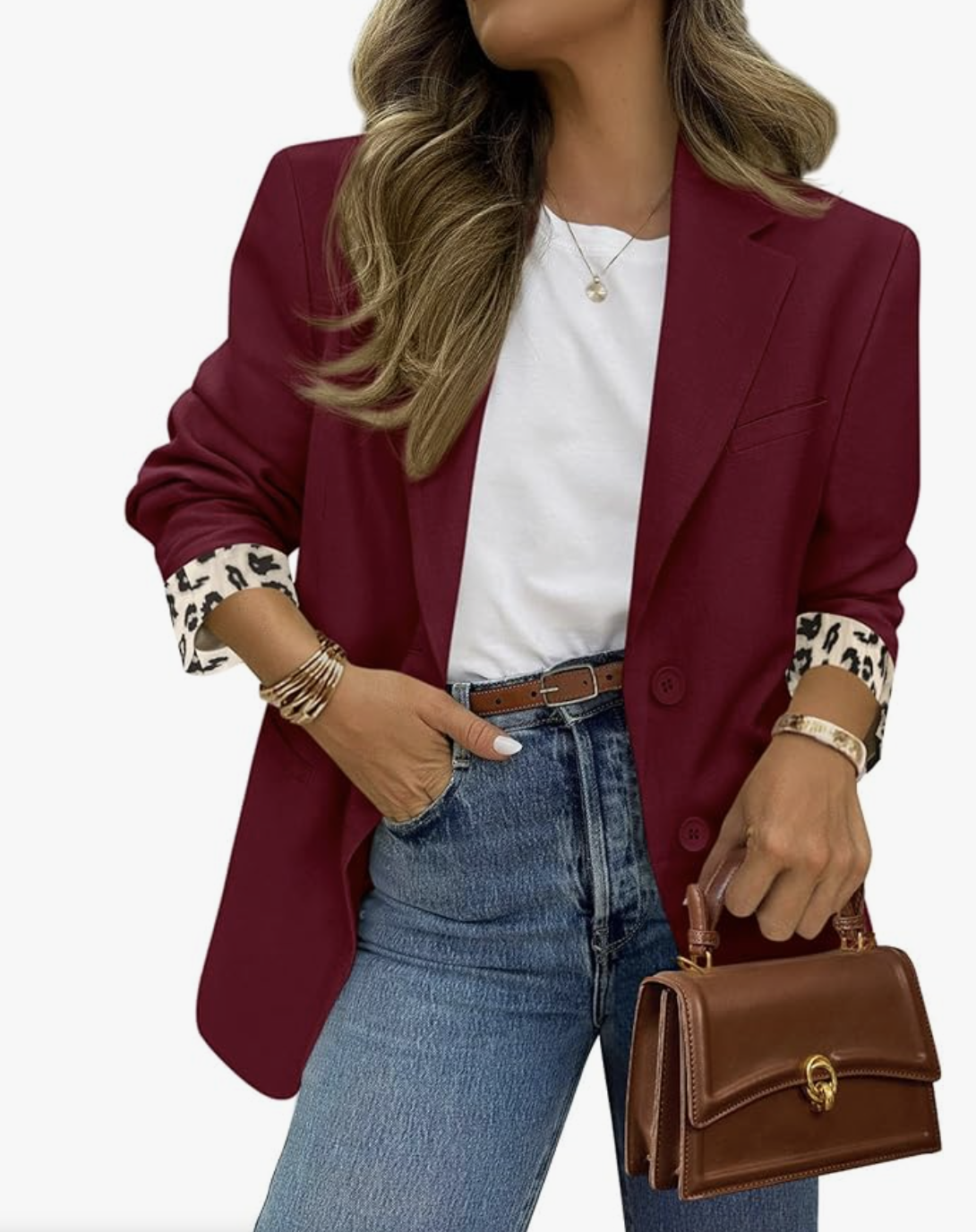 Professional style hack: the PRETTYGARDEN Leopard Lined Blazer in burgundy, featuring a structured open-front design and leopard print cuffs, styled with denim for a chic, expensive-looking outfit.