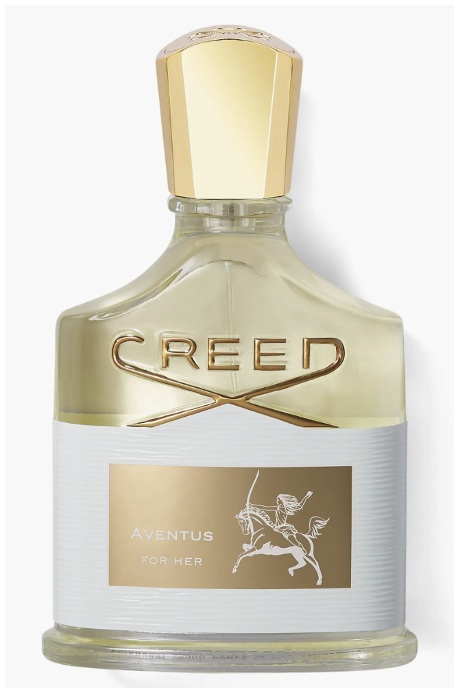 A 2.5-ounce bottle of Creed Aventus for Her featuring a clear glass design with gold accents, a white textured wrap, and a regal gold cap.