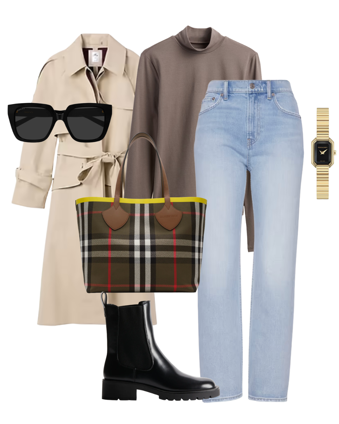 A curated flat lay of a chic London travel outfit featuring a classic tan trench coat, a taupe ribbed knit top, dark-wash straight-leg jeans, black leather Chelsea boots, a plaid luxury handbag, and black sunglasses with a gold watch.