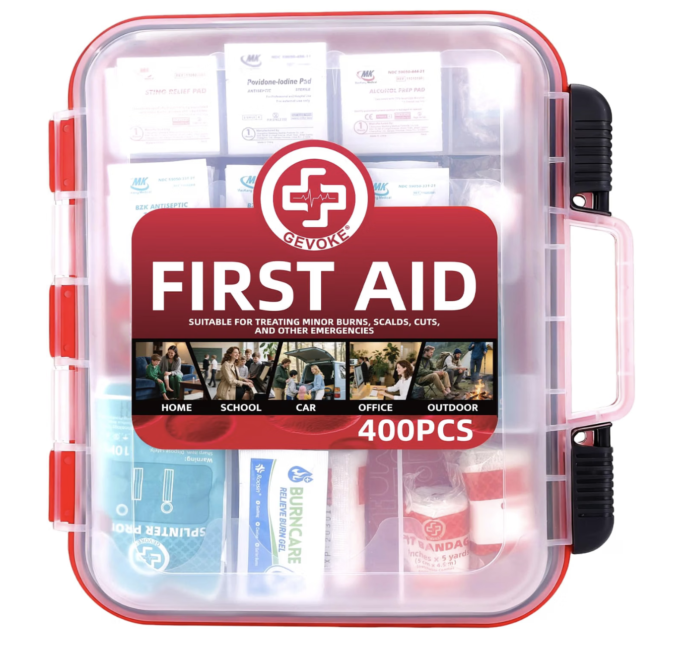 400-piece first aid kit in a clear red-trimmed case