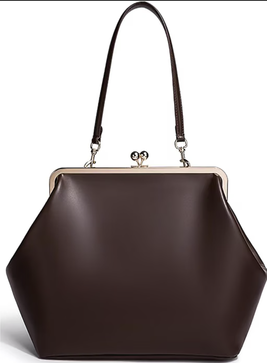 Louceko structured kiss-lock frame handbag in pure coffee brown with gold clasp