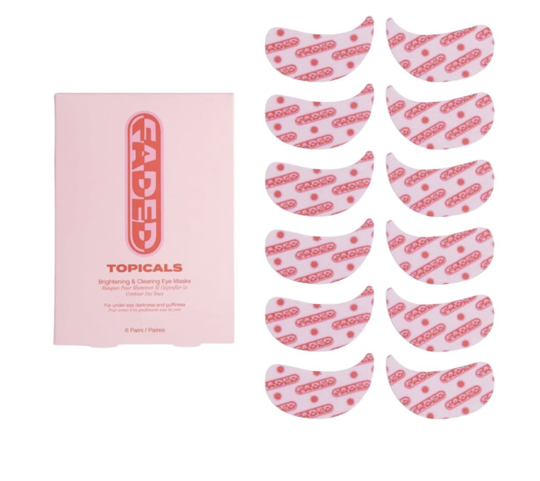 "A box of Topicals Faded Brightening & Clearing Eye Masks in light pink packaging, shown alongside a stack of the individual eye patches featuring a pink and red 'Faded' logo pattern."