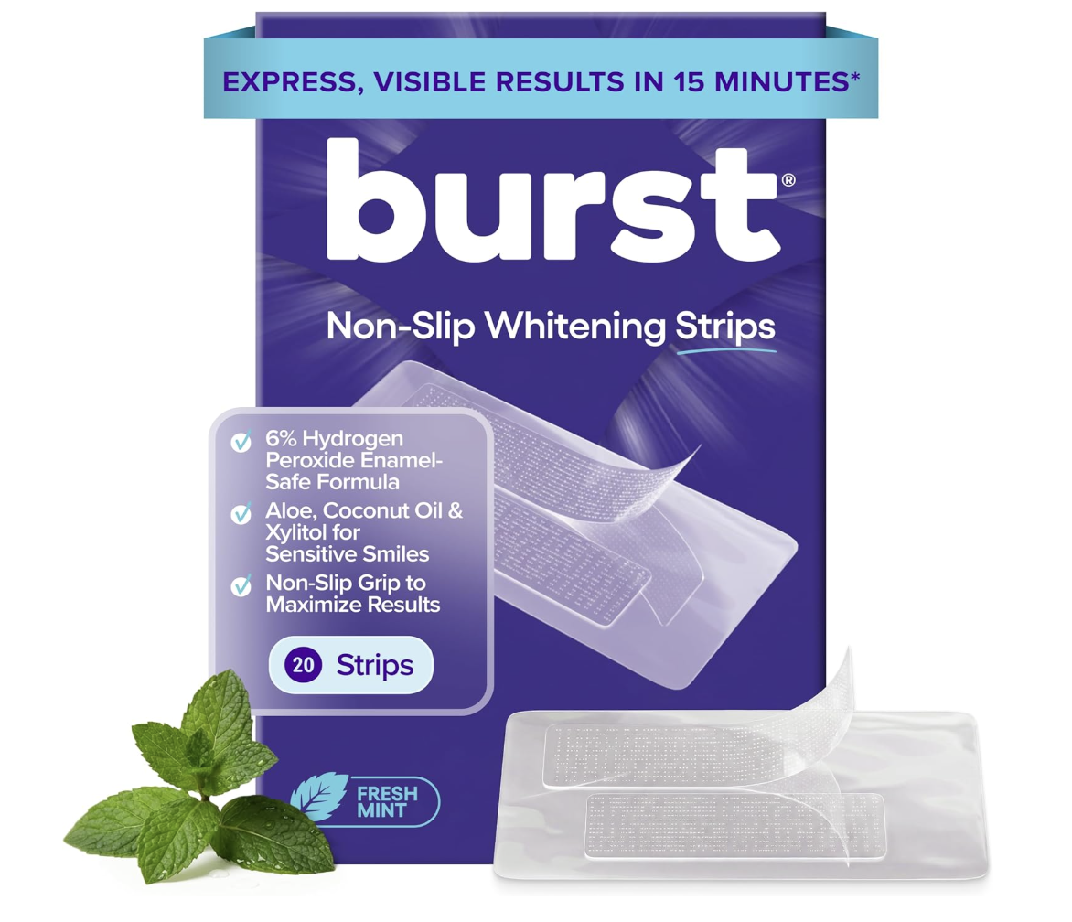 Box of BURST Non-Slip Teeth Whitening Strips with 6% hydrogen peroxide, featuring fresh mint leaves on the packaging.