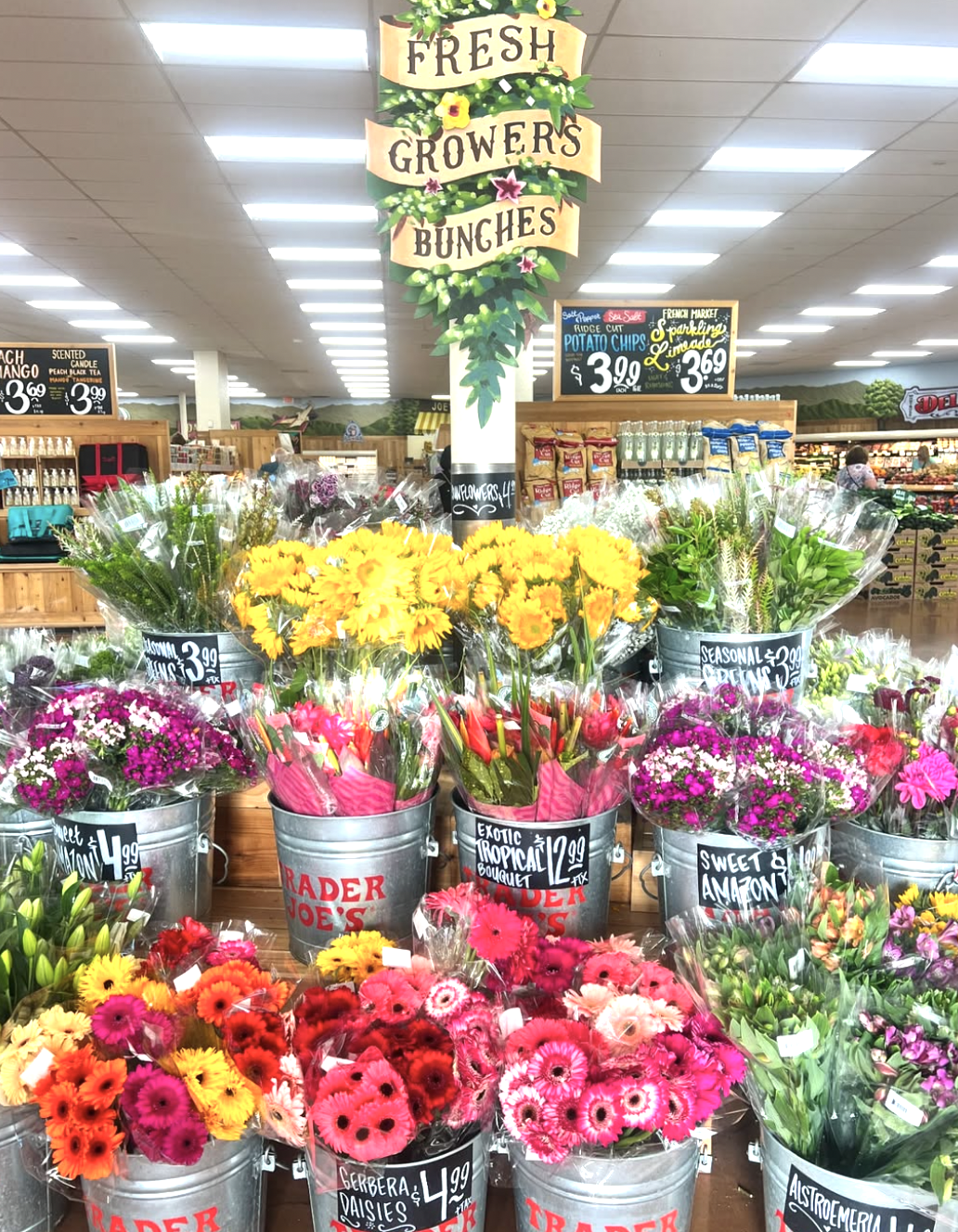 Simple bouquet of Trader Joe's flowers in a glass vase