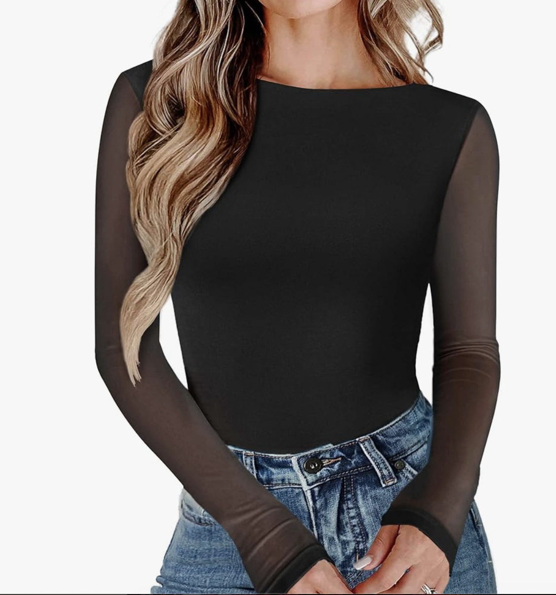 A black mesh boat neck shapewear bodysuit from Amazon, designed as a smoothing base layer to provide support and define the torso for a big belly.
