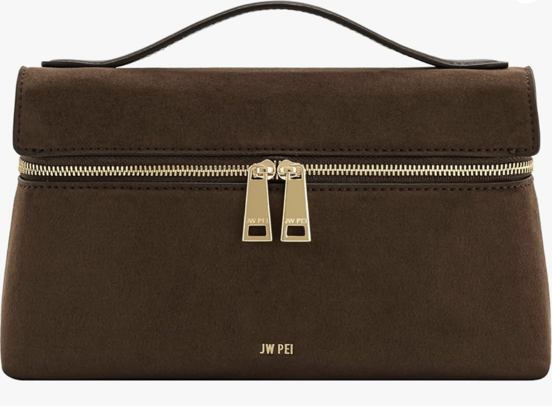 A studio product shot of the JW PEI Thea Top Handle Bag in a dark brown suede finish, featuring a structured rectangular shape, gold hardware, and a single top handle.