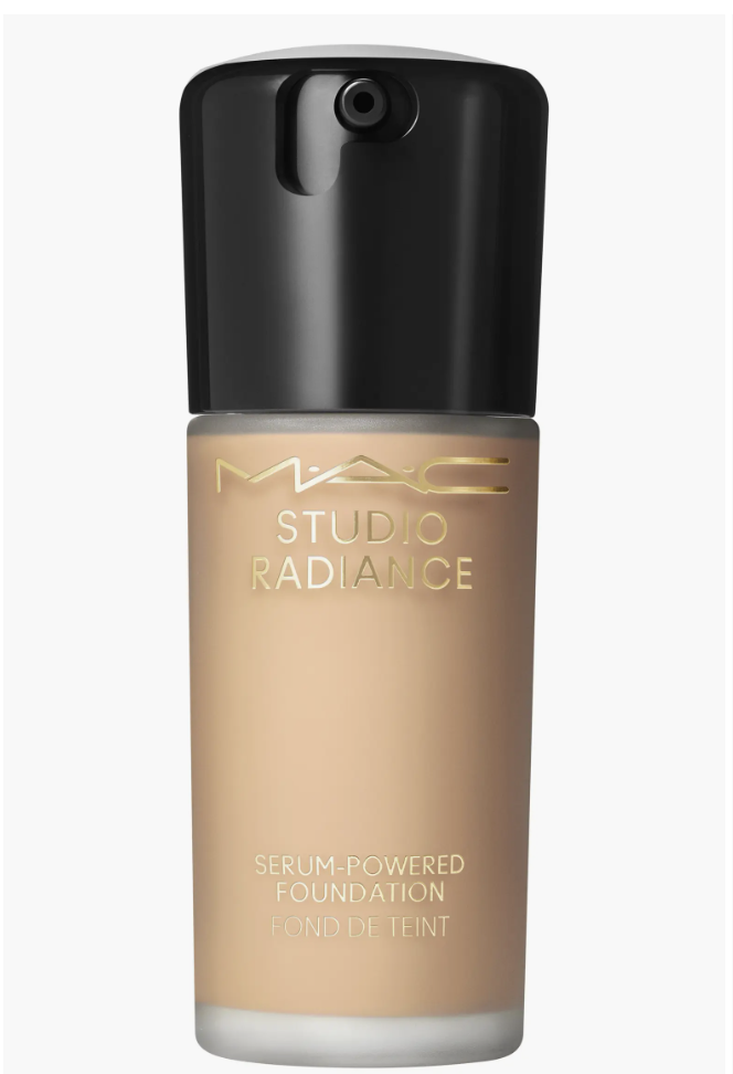 A close-up of the MAC Studio Radiance Serum-Powered Foundation bottle showing the classic black pump cap and fluid makeup.