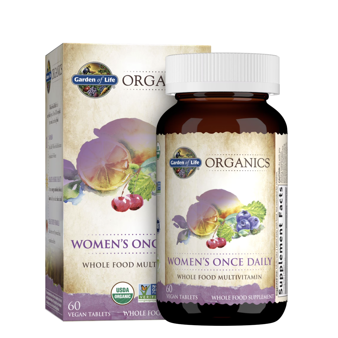 A product shot of a bottle of Garden of Life mykind Organics Women's Once Daily multi-vitamin next to its packaging box, displaying the USDA Organic and Non-GMO Project Verified seals on a clean background.