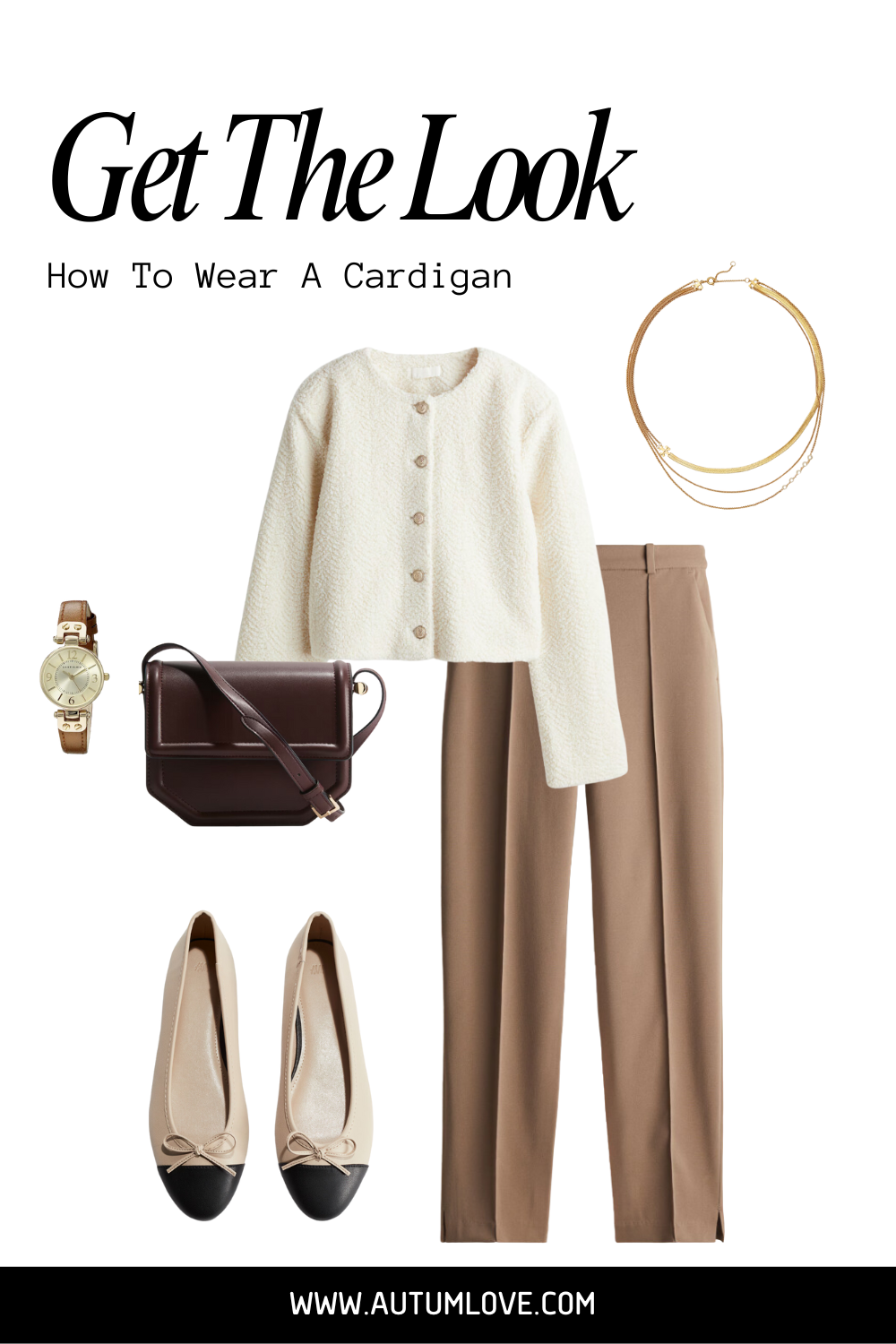 Flat lay office outfit featuring a cropped cream textured cardigan, tan high-waisted dress pants, two-tone black and beige ballet flats, and a dark brown leather shoulder bag.