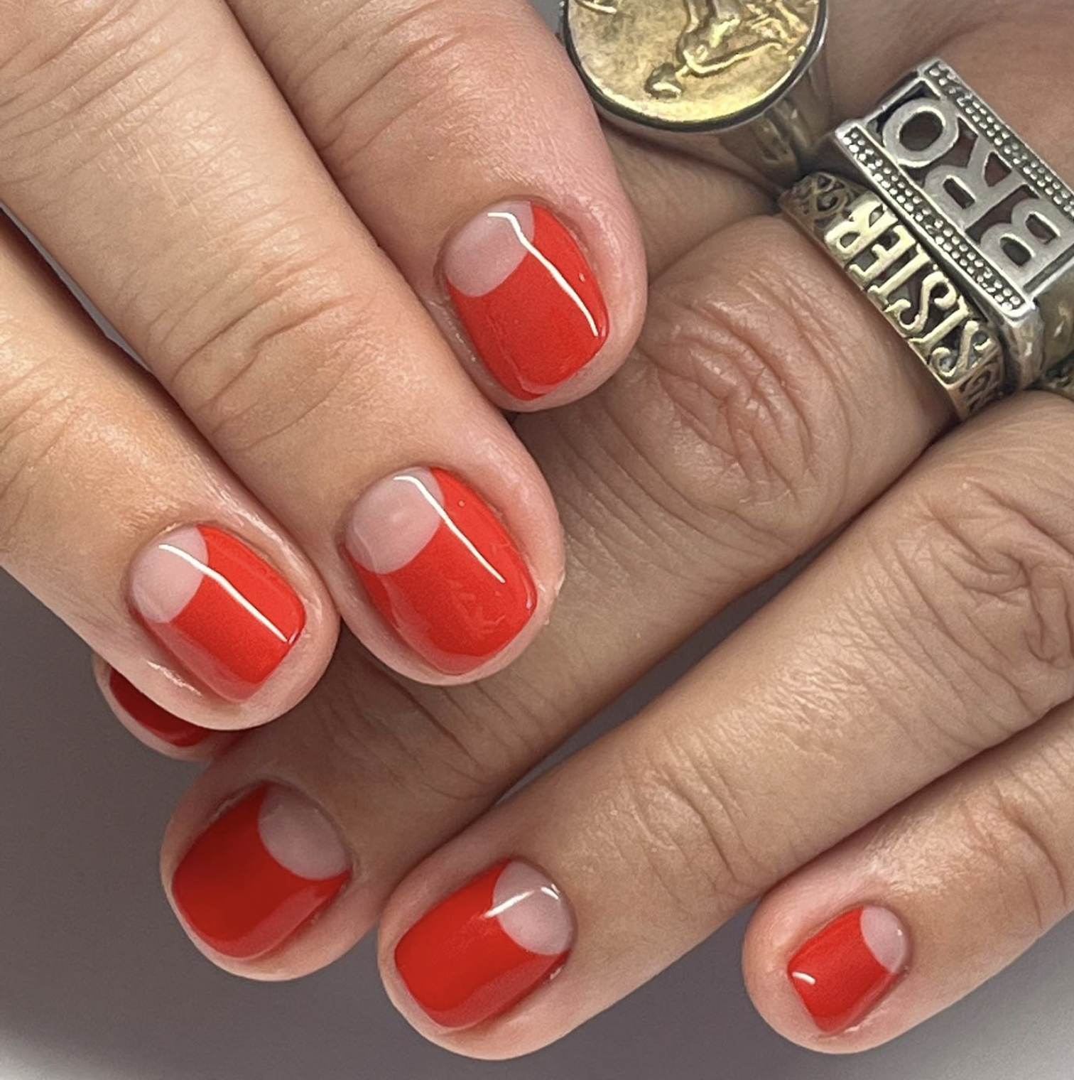 Red and nude half-moon manicure nail design
