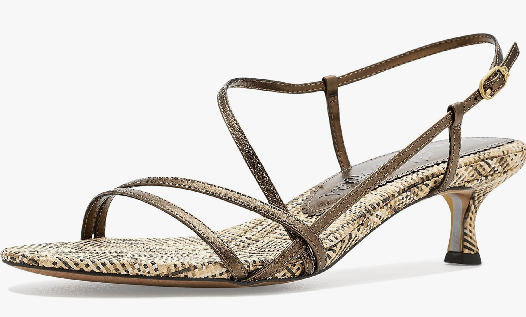 Side view of the Sam Edelman Cora minimalist sandals in a neutral snake-print pattern with ultra-thin straps and a low flared heel.