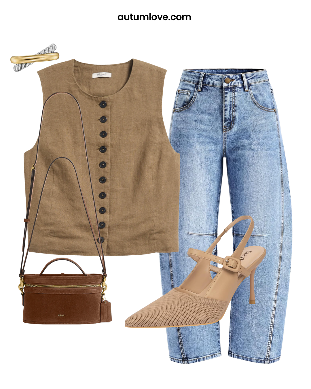 Sleek pointed-toe kitten heels with horseshoe jeans to elongate the leg and balance volume.