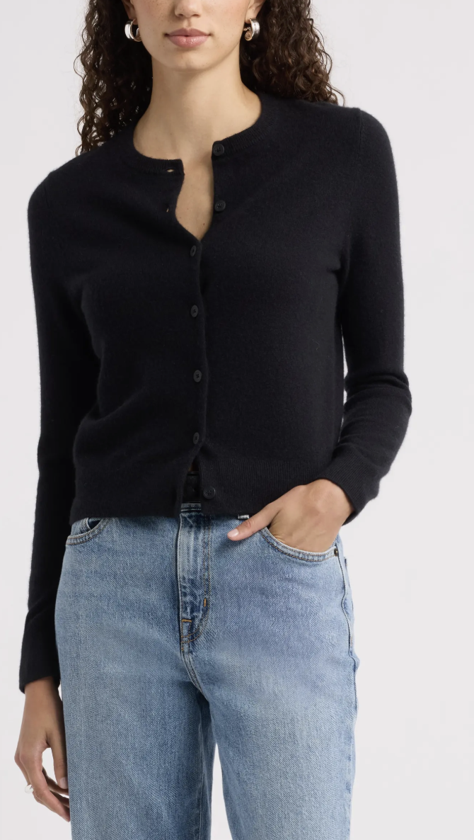Nordstrom Cashmere Crewneck Cardigan, Black Rock