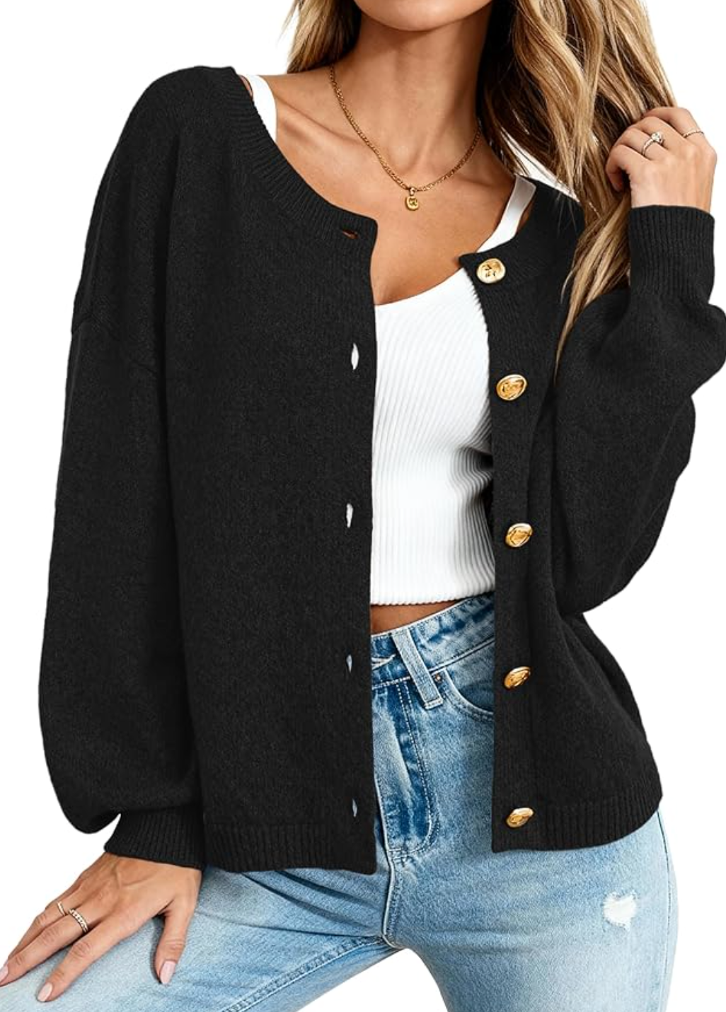 MASCOMODA cropped cardigan jacket with polished gold buttons.