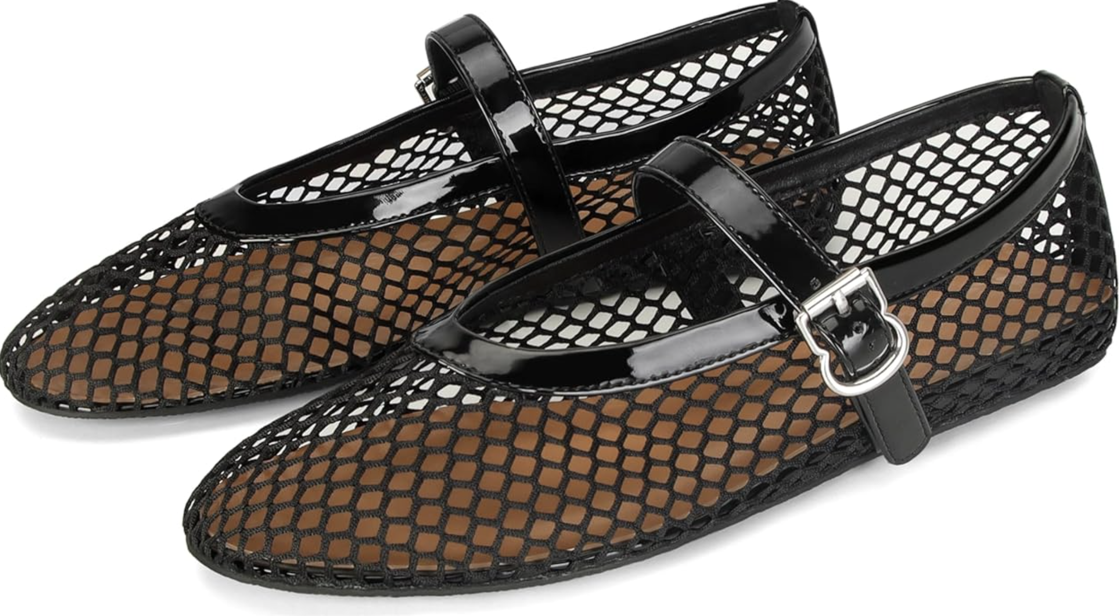 A pair of black round-toe mesh ballet flats featuring a patent leather buckle strap and trim.