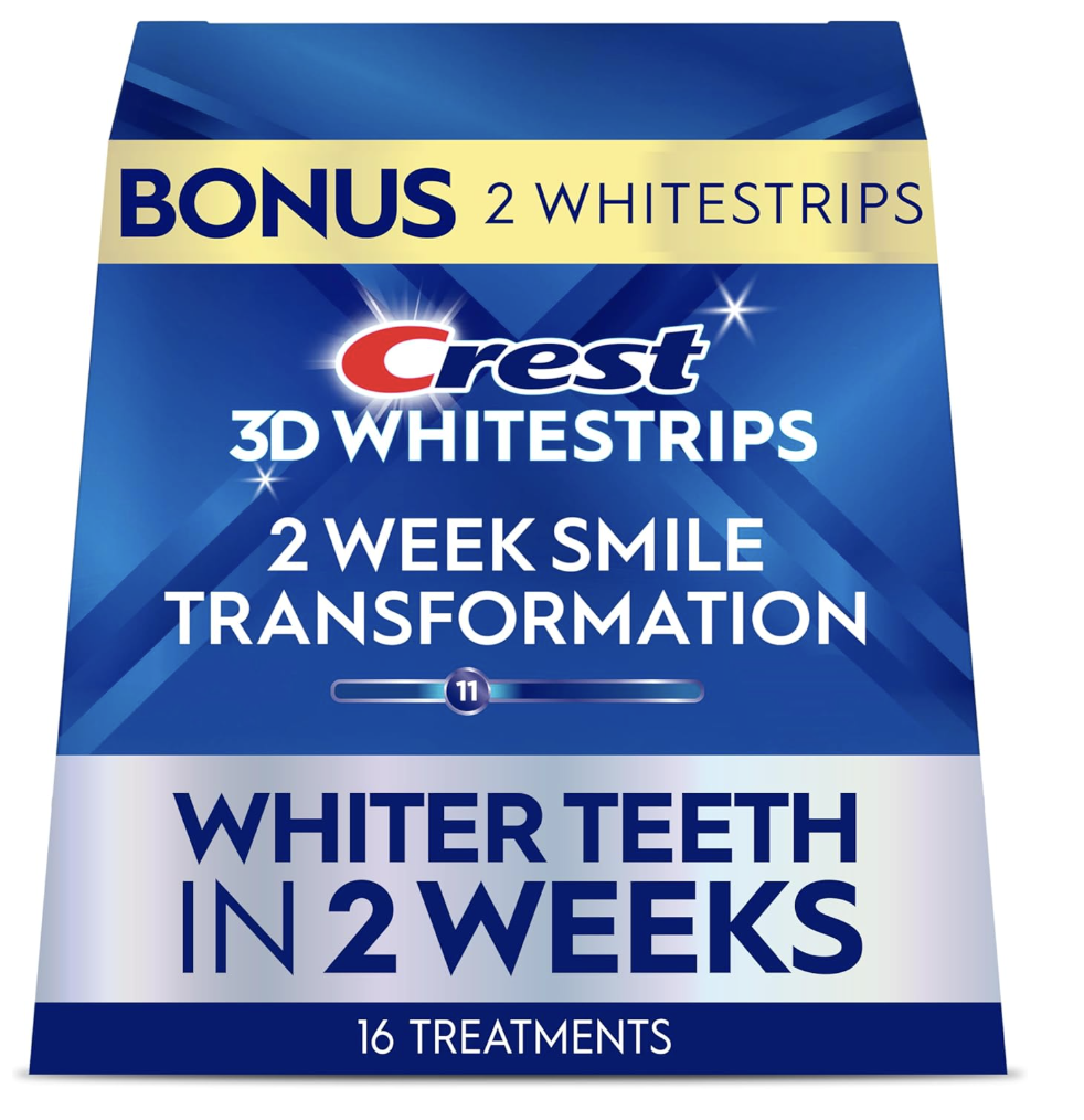 Box of Crest 3D Whitestrips Glamorous White teeth whitening treatments.