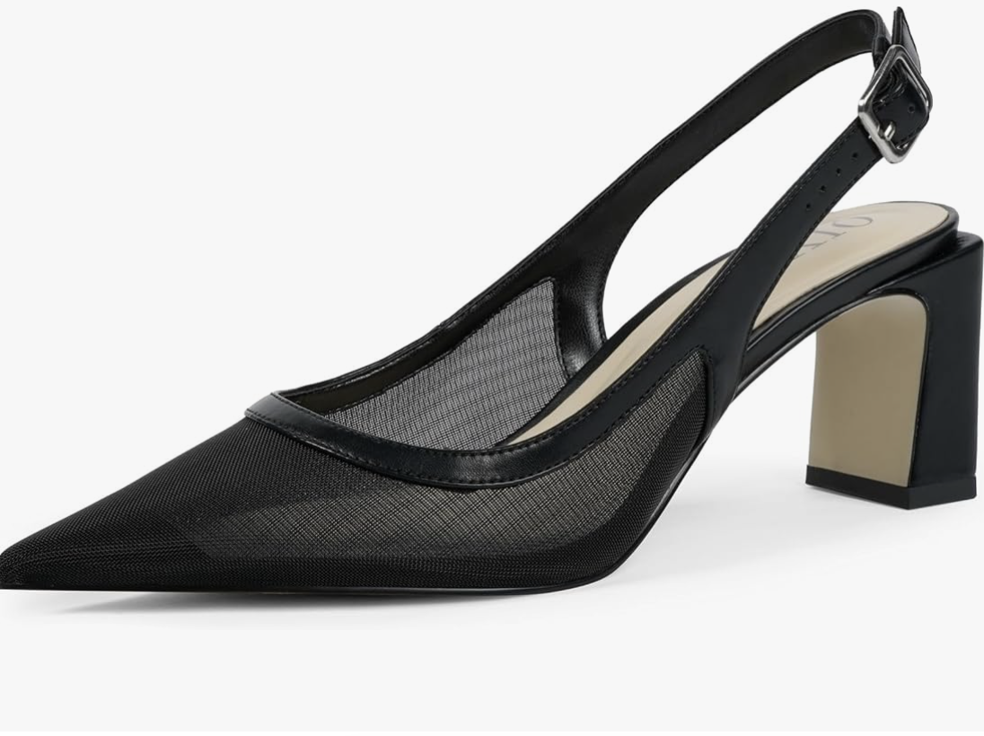 A side profile of a black mesh pointed-toe kitten heel with a thin slingback strap and a comfortable block heel on a transparent background.